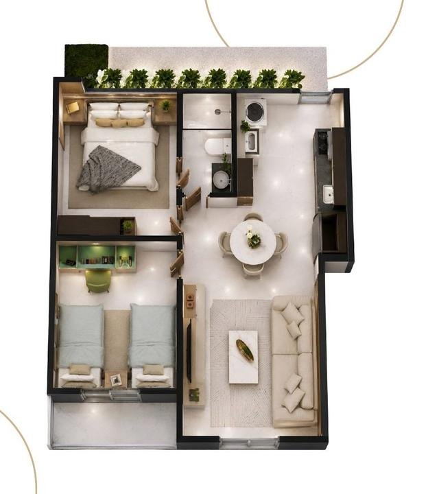 Planta do apartamento de 48m² com 2 quartos